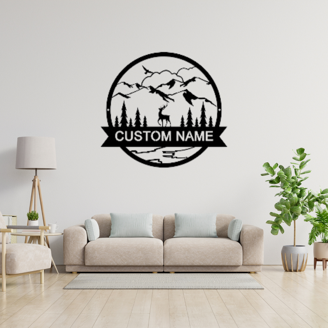 Metal Deer In Mountains Custom Name Sign